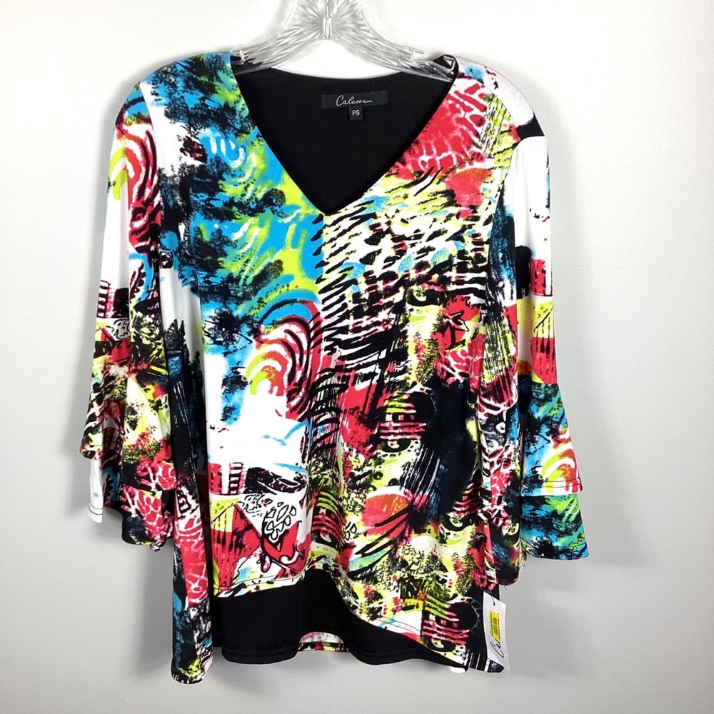 CALESSA‎ TOP ARTSY  COLORFUL ABSTRACT PULLOVER 3/4  BELL SLEEVE WOMEN'S SZ S NWT